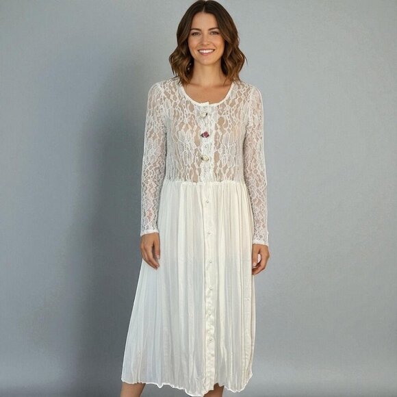 Vintage 90s Lace Midi Dress Sz.M Ivory Pleated Sheer Prairie Cottage Romantic - Picture 15 of 15